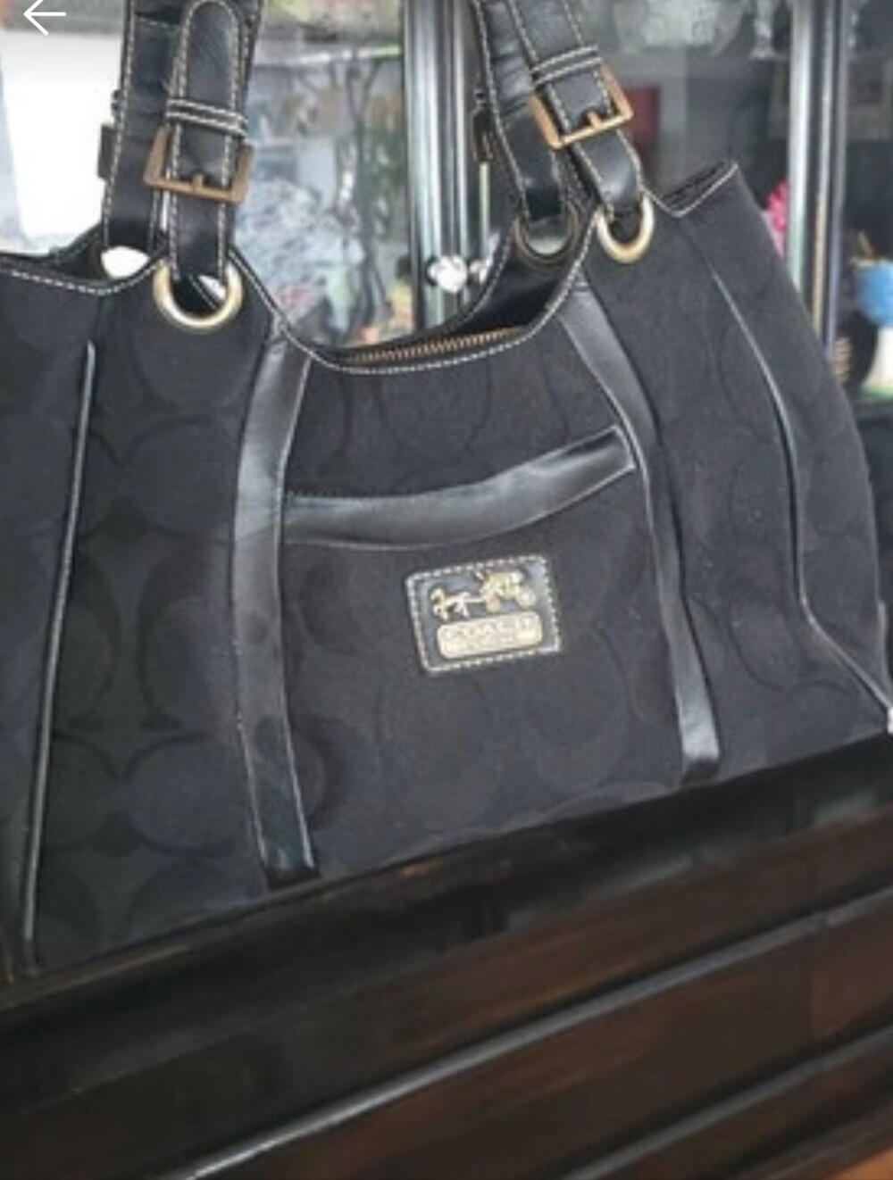 Y2K COACH Black Signature Canvas Shoulder Bag with Leather Trim